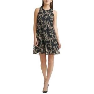 NWT Calvin Klein Women’s Embroidered Trapeze Floral Black Dress Sleeveless Sz 14